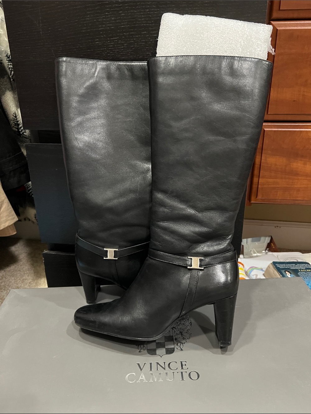 Vince Camuto Black Leather Knee-High Heeled Boots with Silver Accent